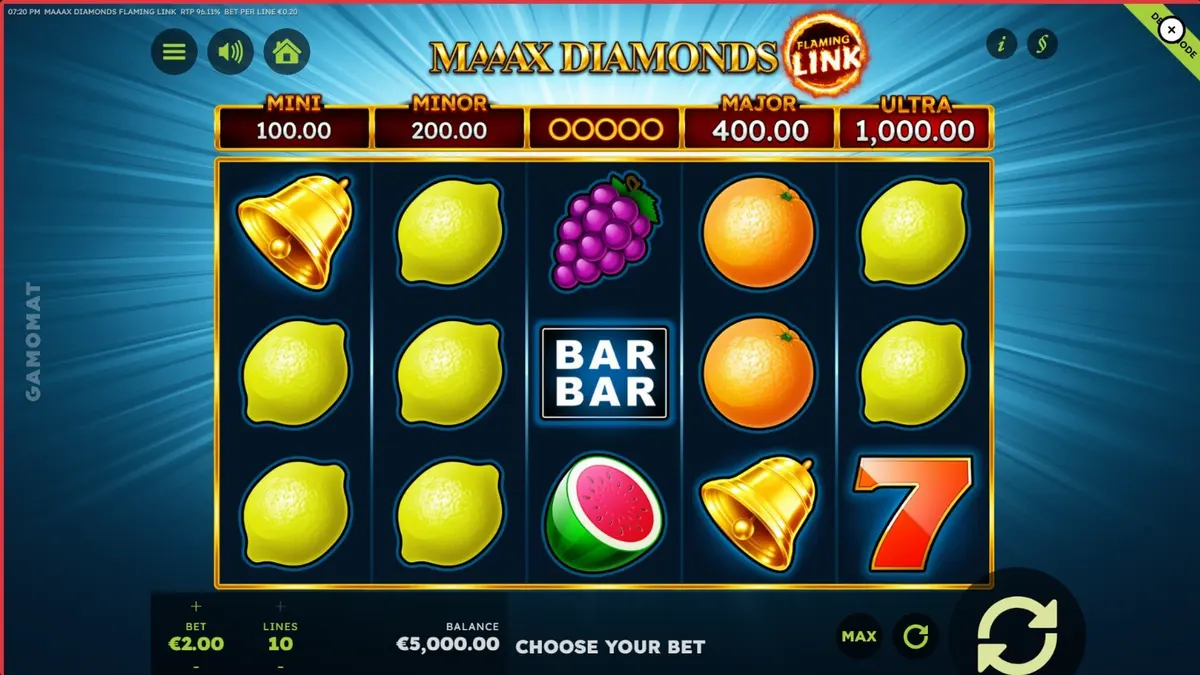 Maaax Diamonds Flaming Link slot machine interface with fiery diamond symbols