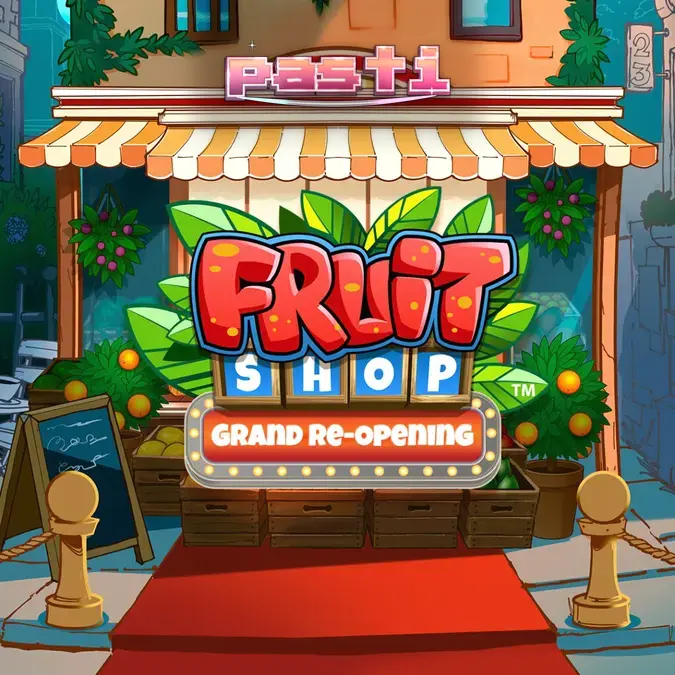 Tampilan visual slot Fruit Shop Grand Re-Opening dengan simbol buah klasik